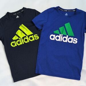 2 Adidas Kids' Climate Keep Dry Active Wear Navy and Royal Blue Tees with Logo